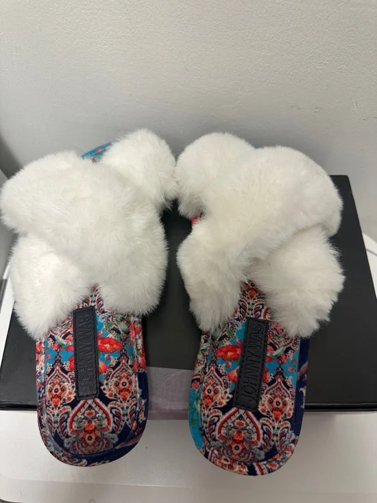 JOHNNY WAS INDIX SLIPPERS IN MULTI white Faux Fur Crossband Slide Slipper, Women - Picture 4 of 7